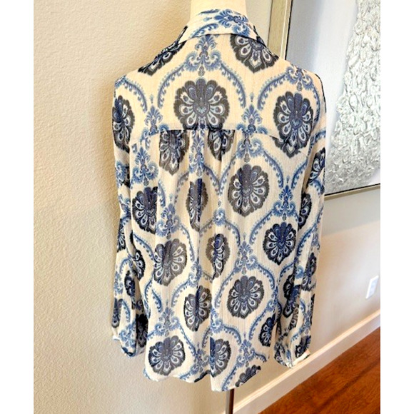 Zara Blue Floral Metallic Mosaic V Neck Boho Long Sleeve Blouse Semi Sheer Large - Picture 2 of 8